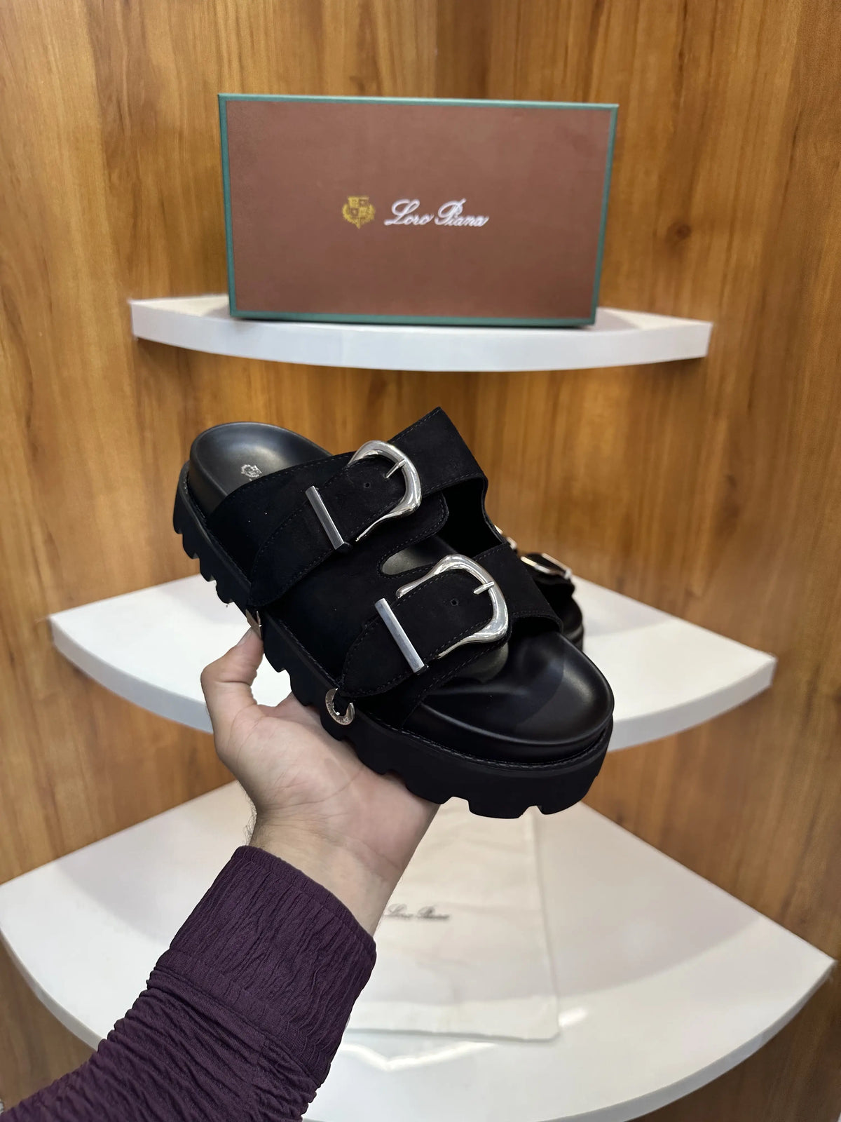Loro_Piana Black Double Strap Luxury Slide