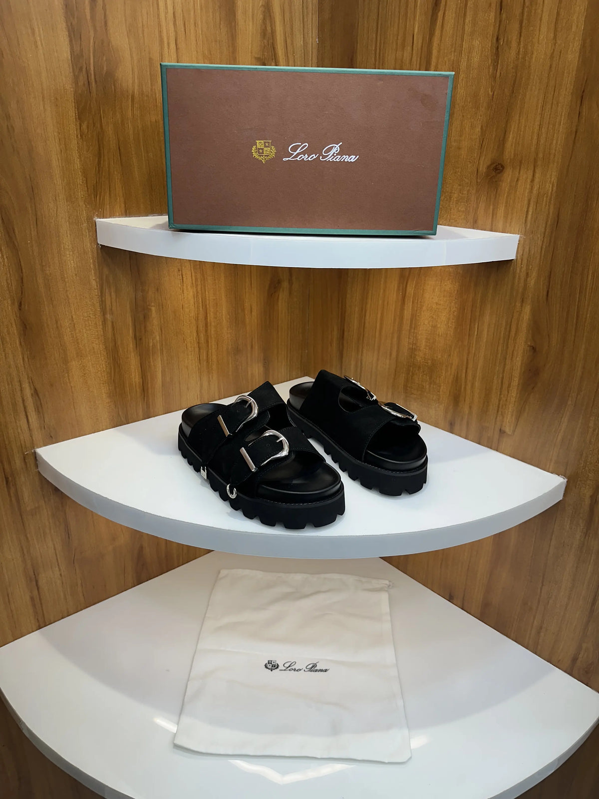 Loro_Piana Black Double Strap Luxury Slide