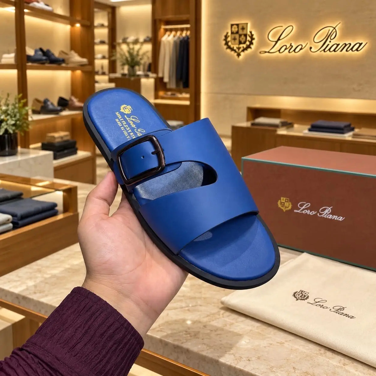 Loro_Piana Blue Side Buckle Luxury Slide For Men