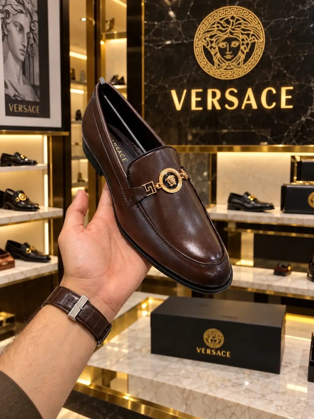 Versace_Brown Metal Logo Premium Leather Formal Loafers