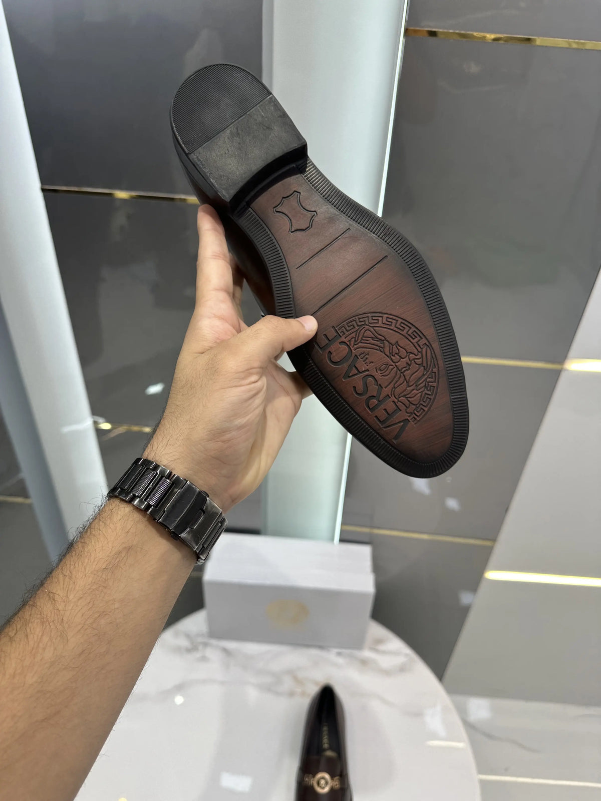 Versace_Brown Metal Logo Premium Leather Formal Loafers