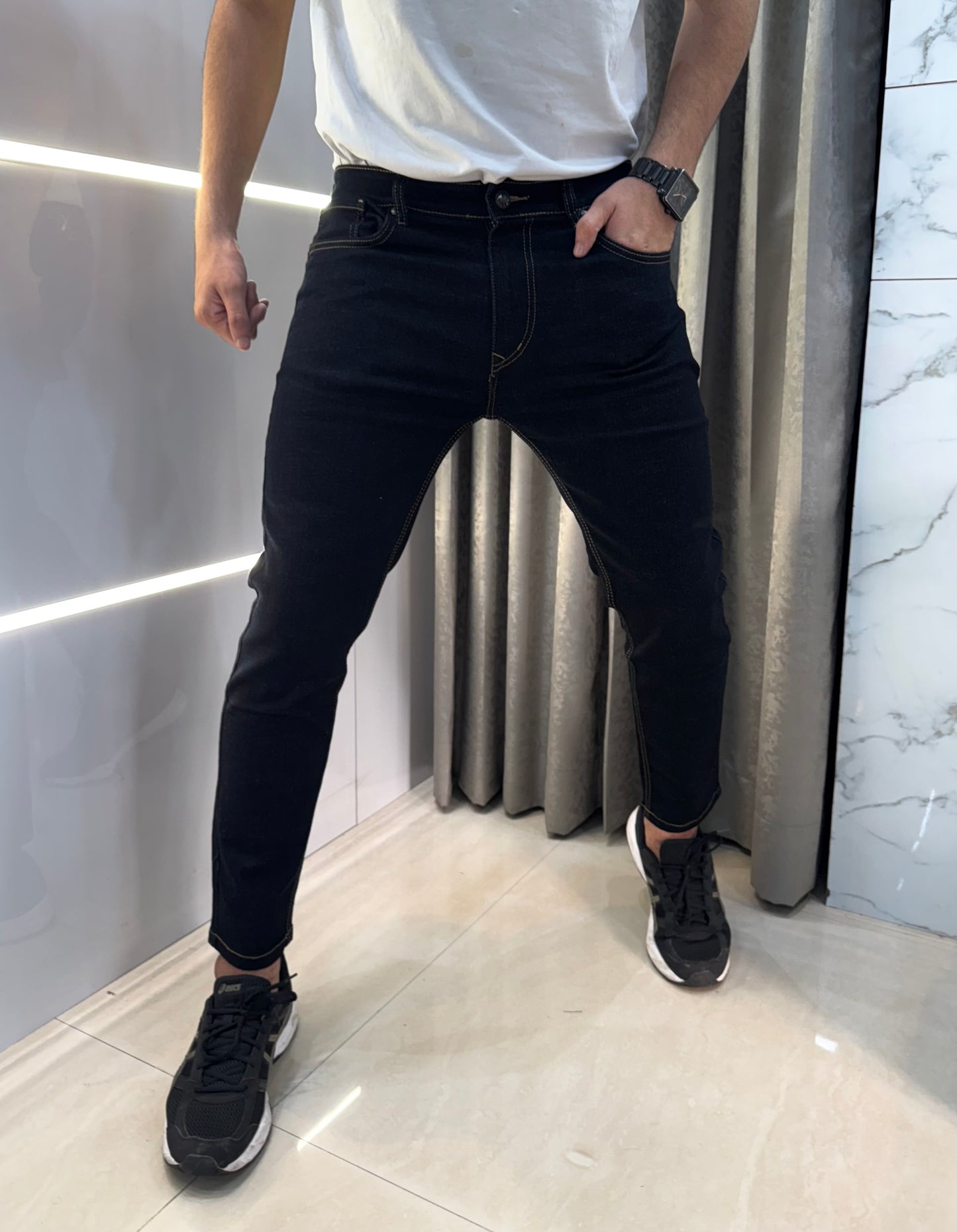 Armani Exchange Carbon Black Embroidery Work Imported Hyperflex Denim