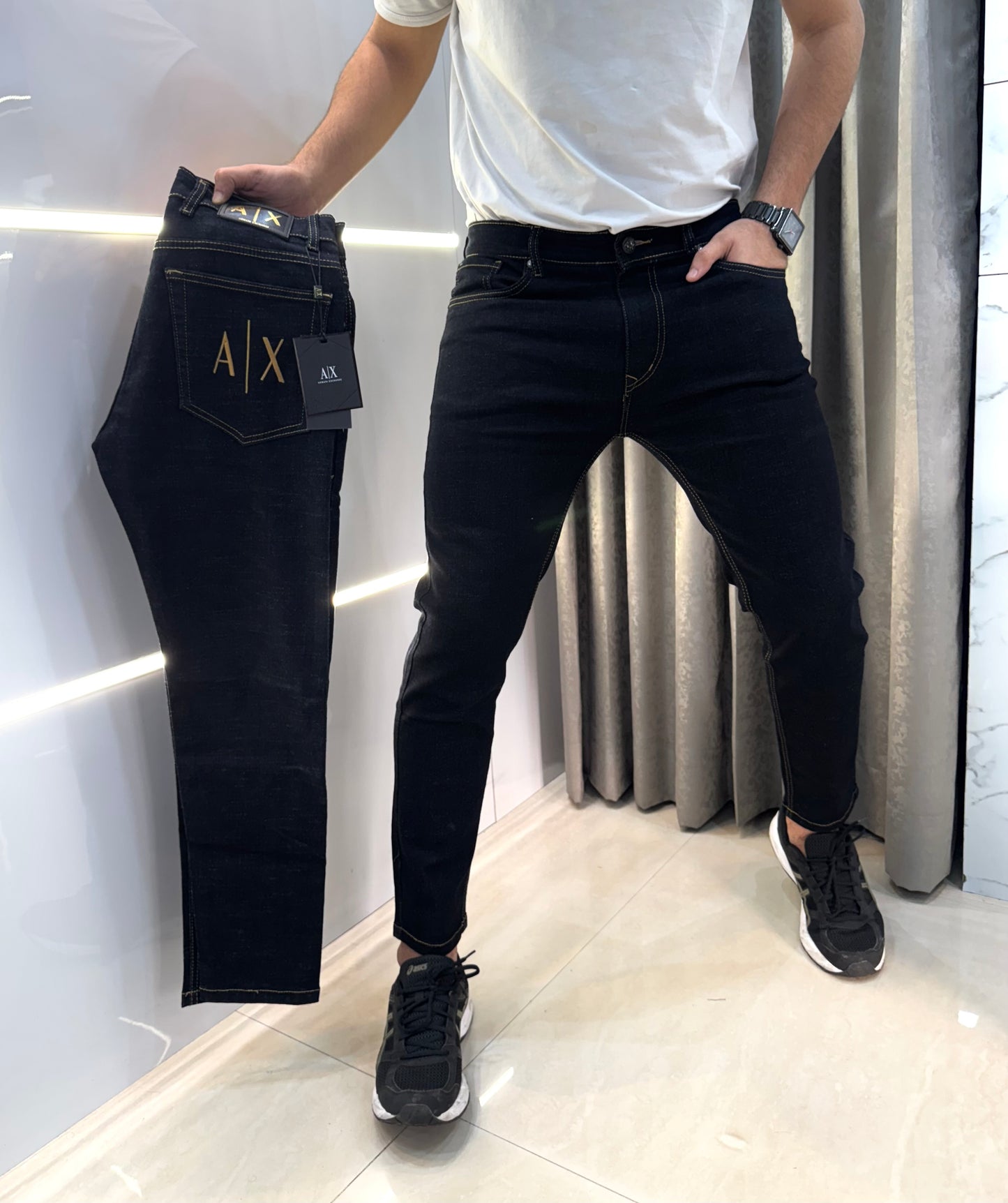 Armani Exchange Carbon Black Embroidery Work Imported Hyperflex Denim