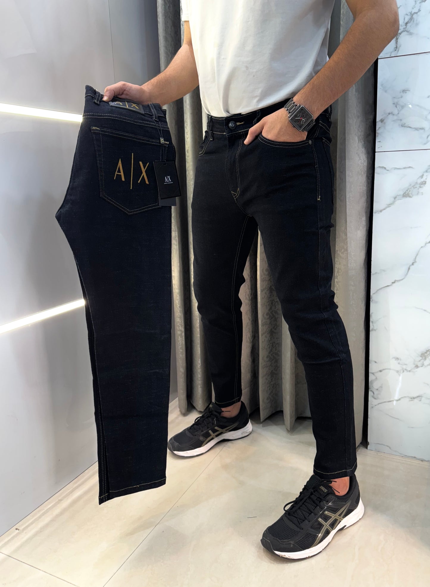 Armani Exchange Carbon Black Embroidery Work Imported Hyperflex Denim