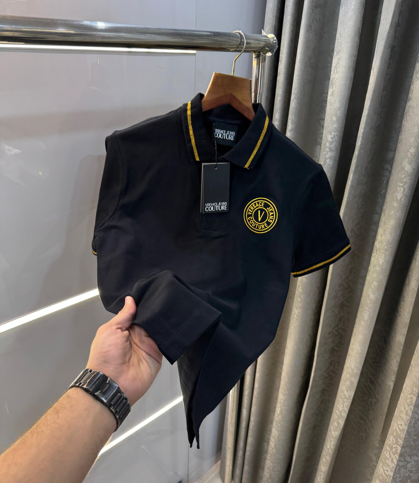 Versace Couture Black Embroidery Logo Imported Polo T-Shirt