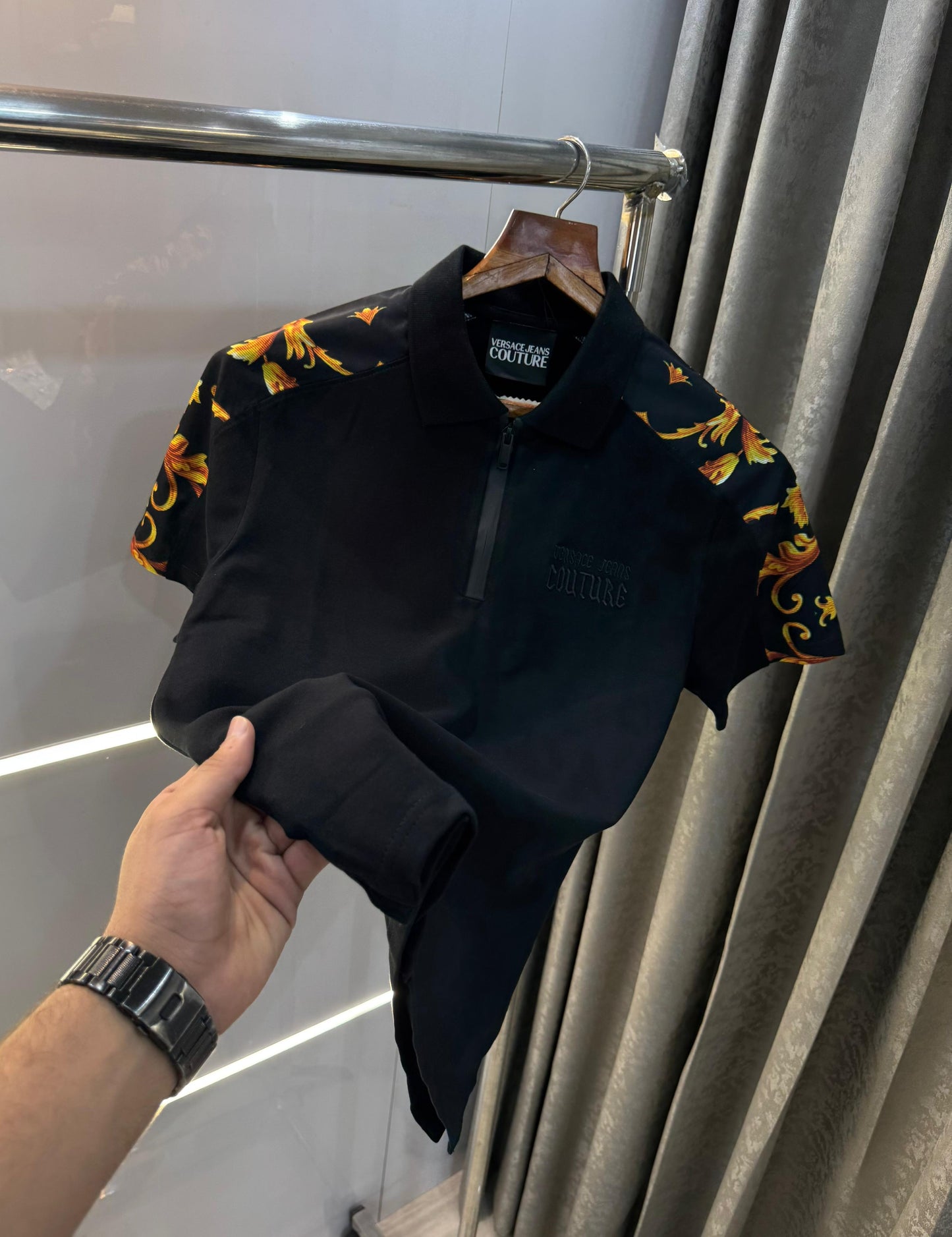 Versace Couture Black Shoulder Logo Print Imported Polo T-Shirt