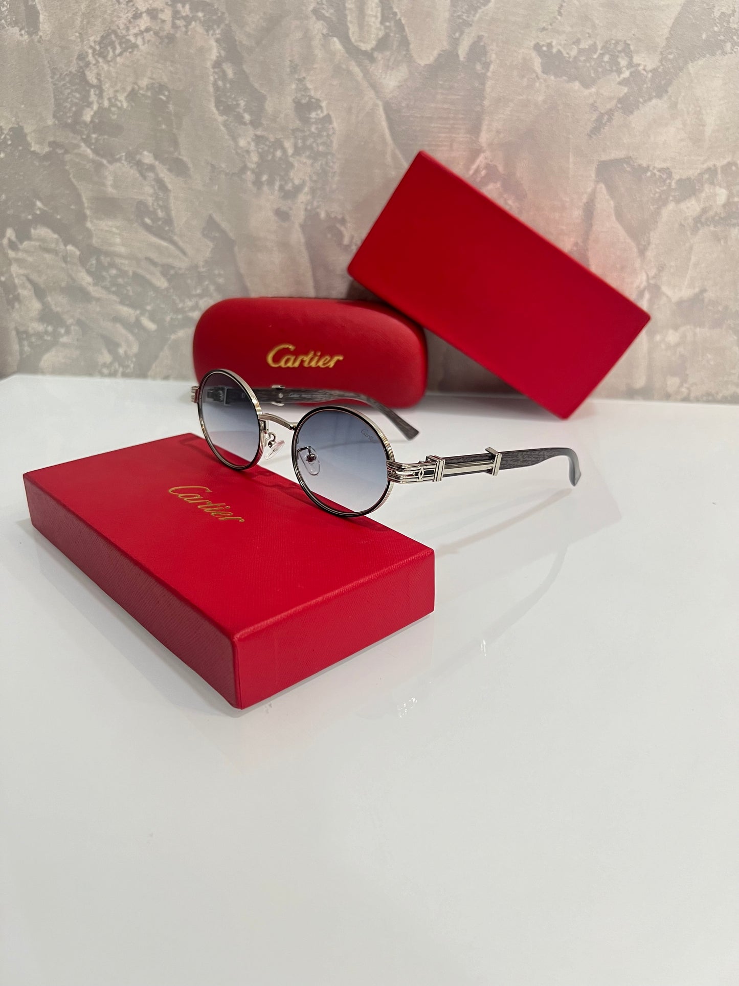 Cartier Grey Blue Round Luxury Shade With Original Box Packing