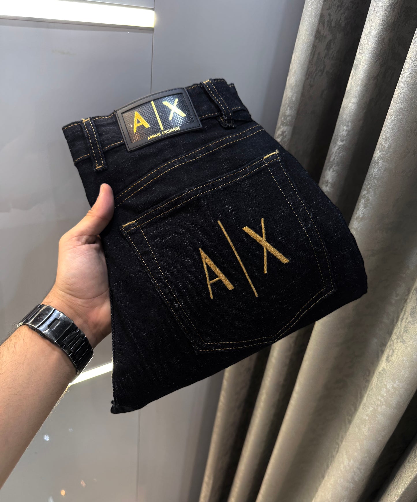 Armani Exchange Carbon Black Embroidery Work Imported Hyperflex Denim