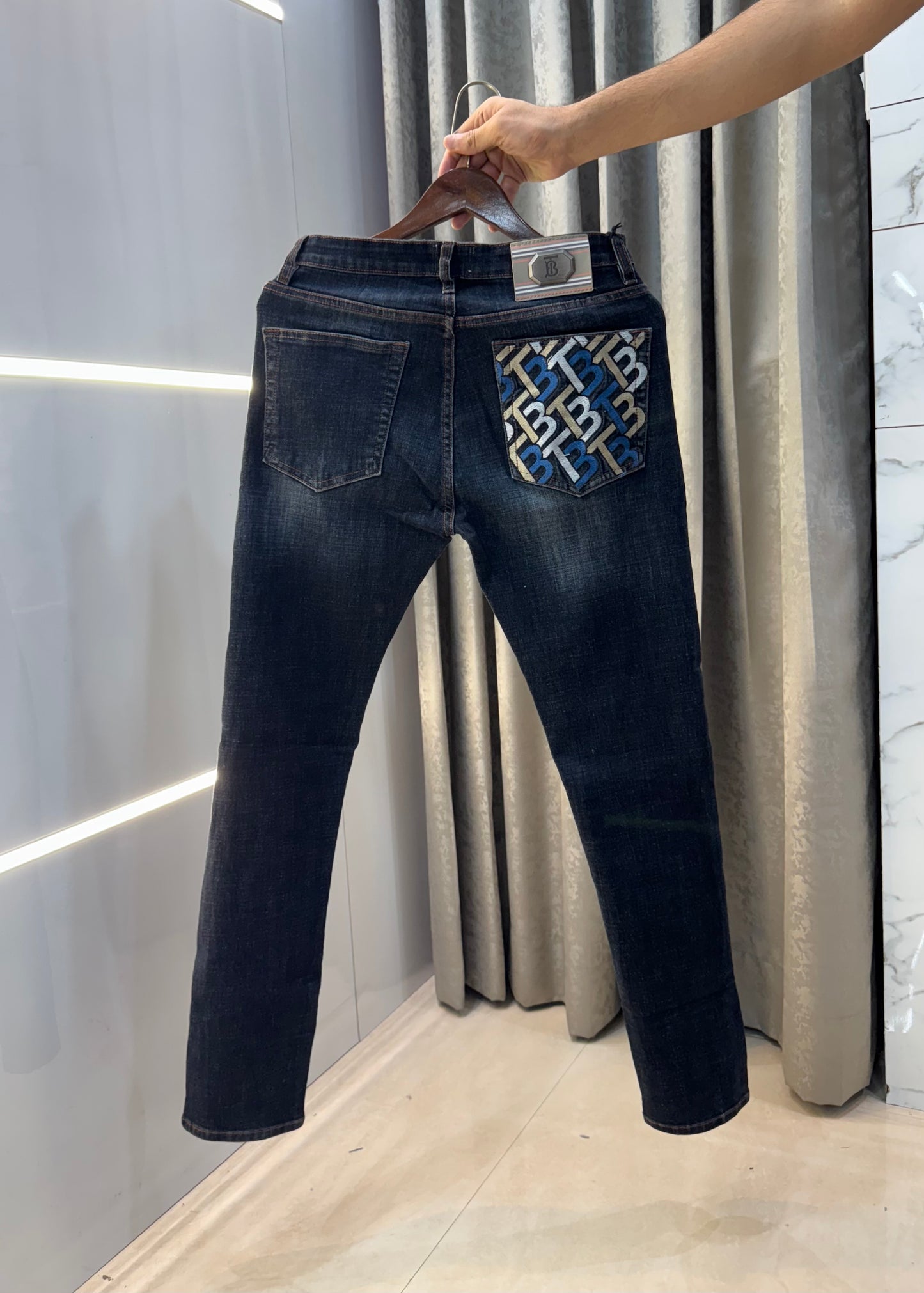 Burberry Dark Blue Pocket Embroidery Work Imported Hyperflex Denim