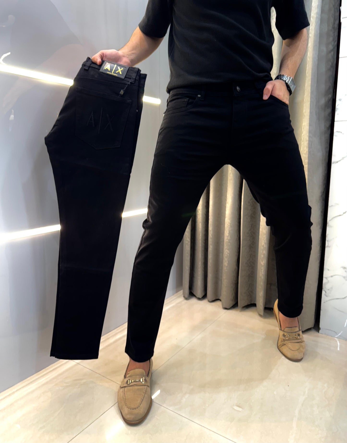 Armani Exchange Jet Black Embroidery Work Imported Hyperflex Denim