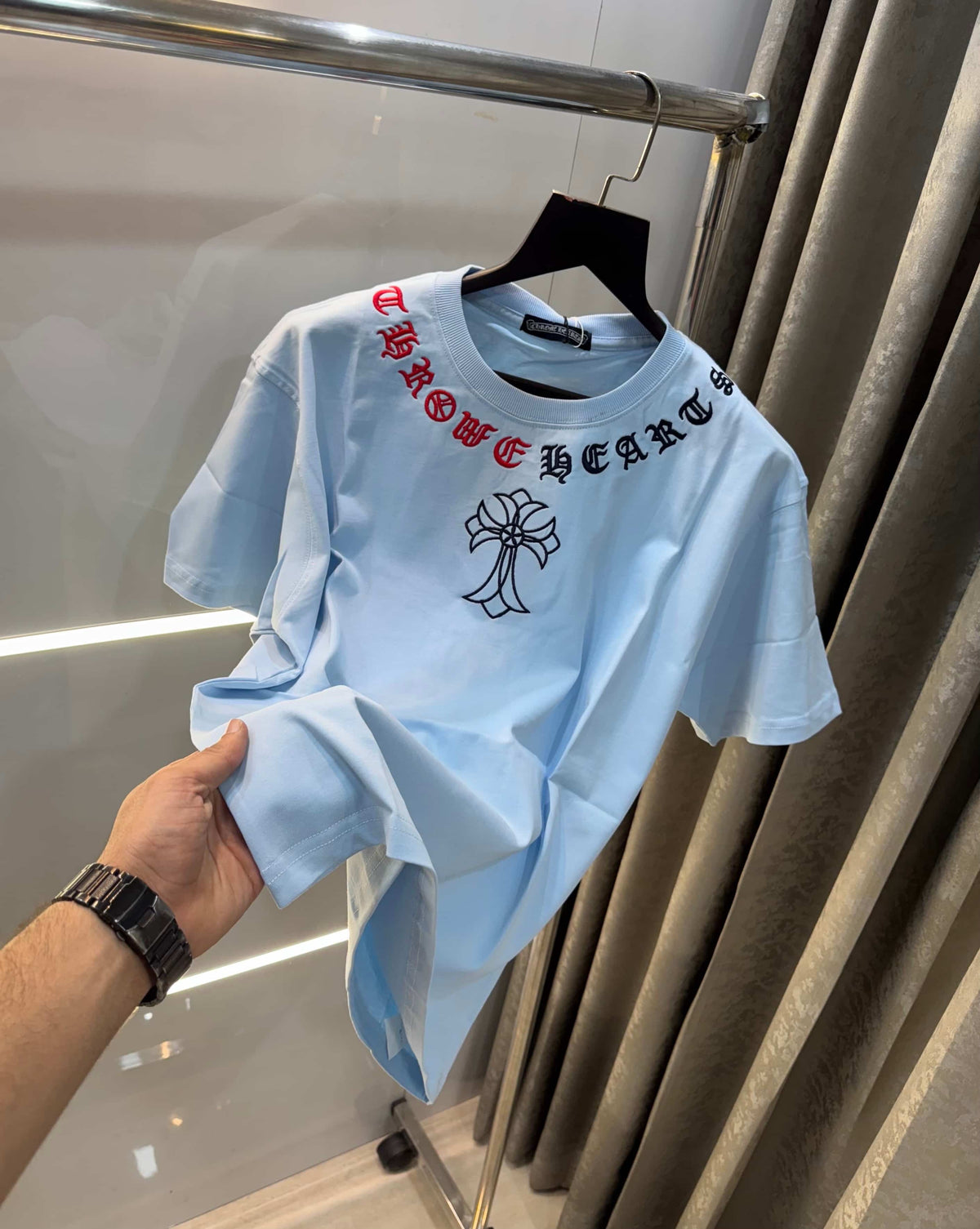 Chrome  Hearts Sky Blue Printed Imported Oversized T-Shirt