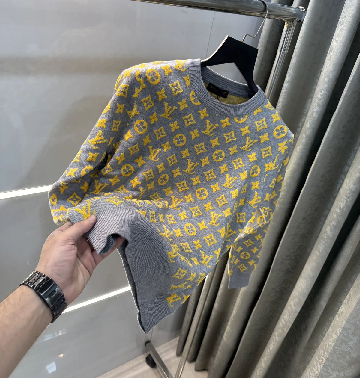 Louis  Vuitton Grey Logo Work Imported Knitted Pull Over