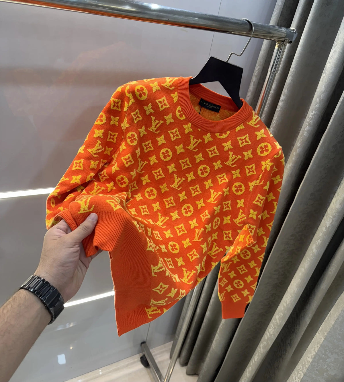 Louis  Vuitton Orange Logo Work Imported Knitted Pull Over
