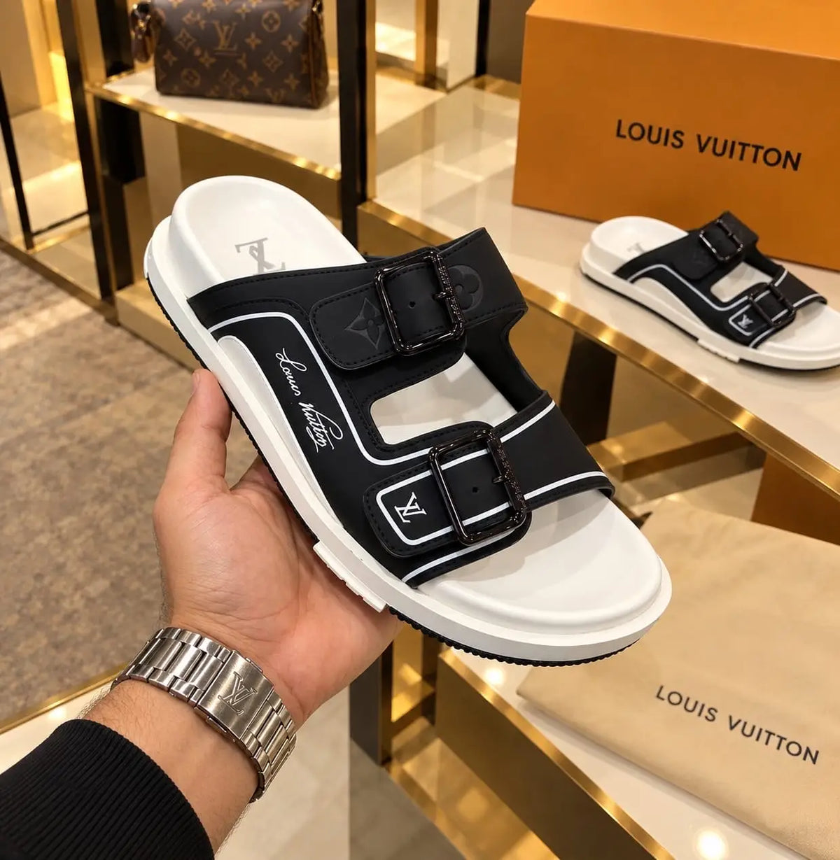 Louis_Vuitton_Black White Double Lock Premium Slide