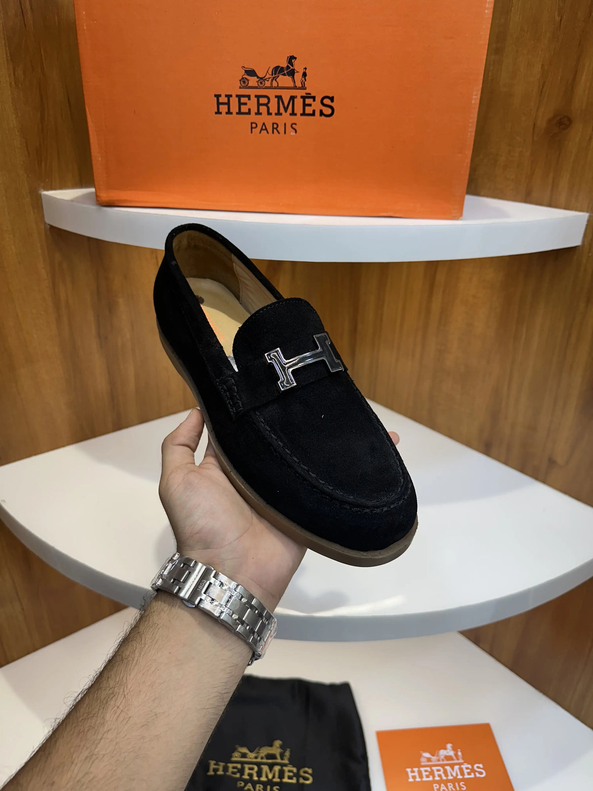 Hermes_Black Premium Suede Leather Formal Loafers