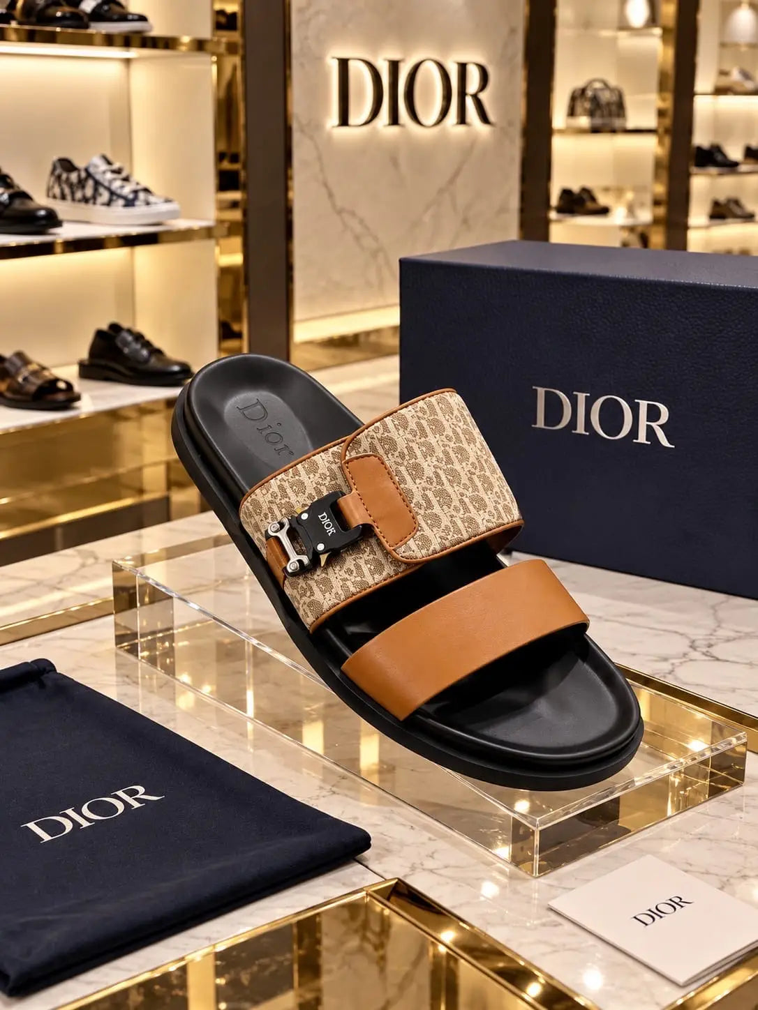 Dior_Beige Oblique Jacquard Pattern Luxury Slide