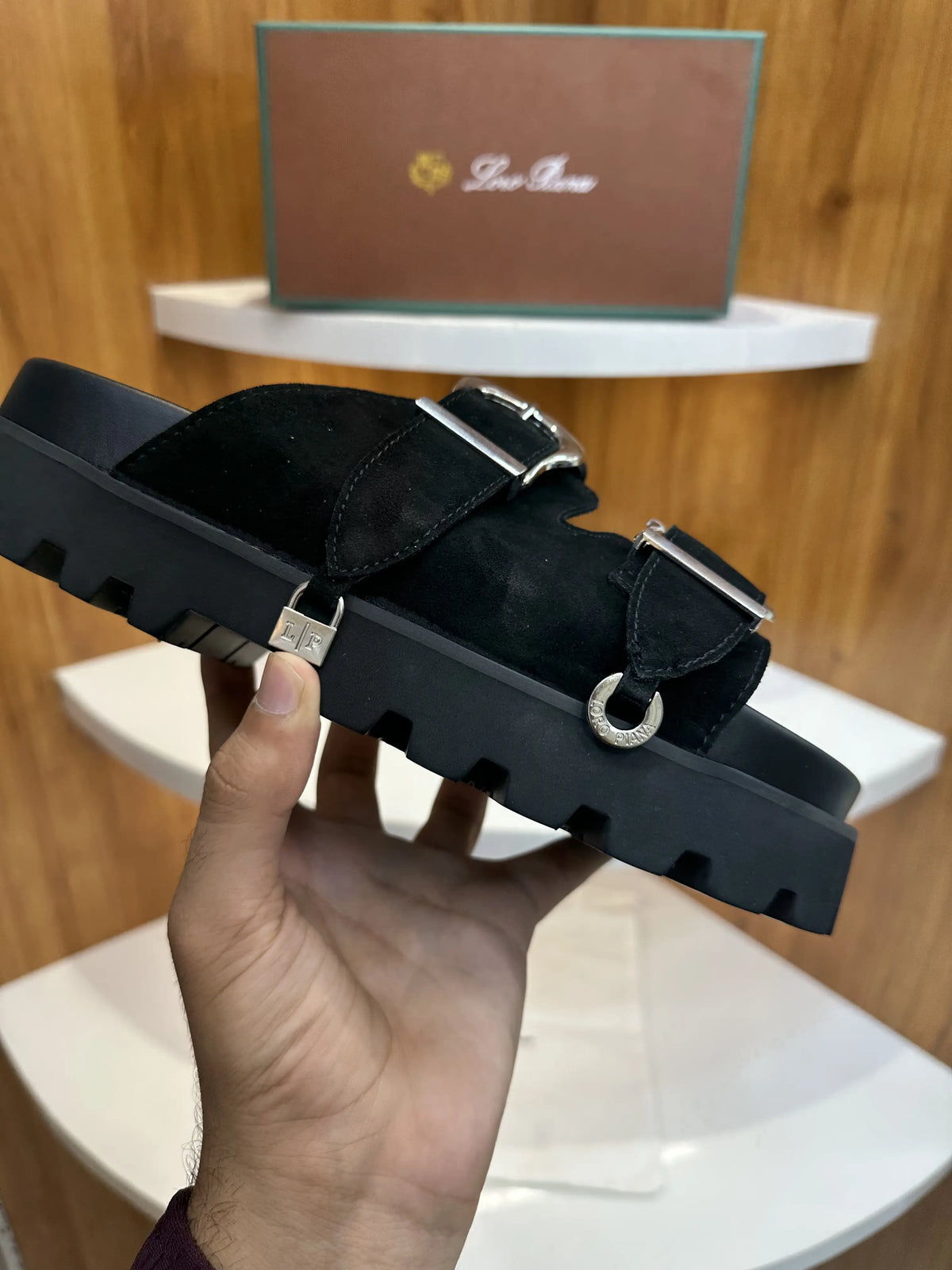 Loro_Piana Black Double Strap Luxury Slide