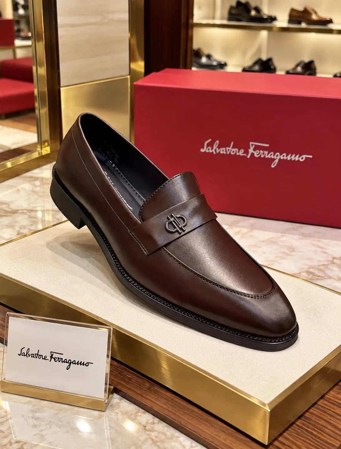 Salvatore_Ferragamo Brown Metal Logo Premium Leather Loafers