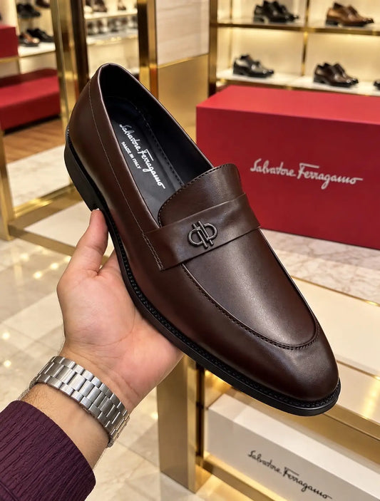 Salvatore_Ferragamo Brown Metal Logo Premium Leather Loafers