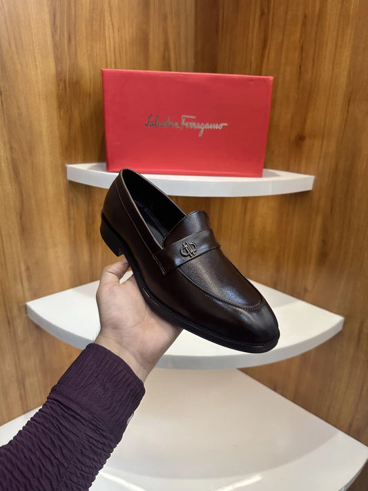 Salvatore_Ferragamo Brown Metal Logo Premium Leather Loafers
