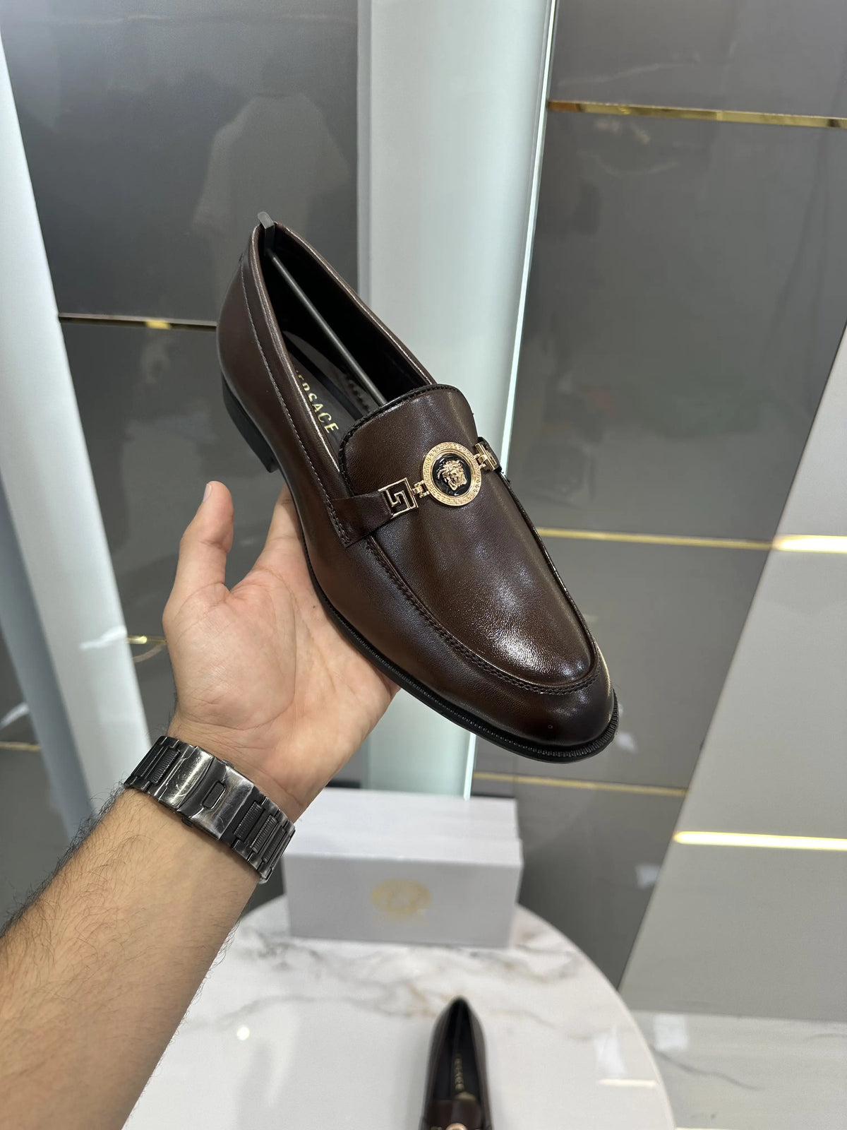 Versace_Brown Metal Logo Premium Leather Formal Loafers