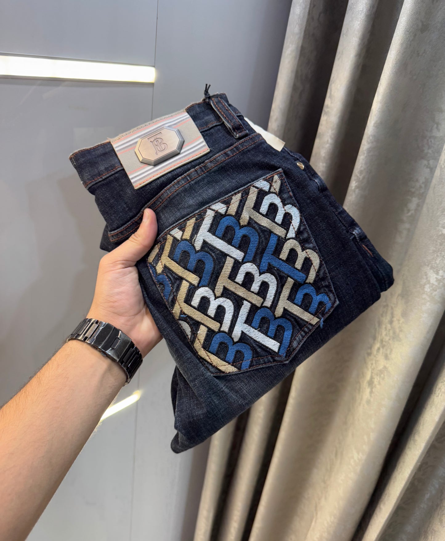 Burberry Dark Blue Pocket Embroidery Work Imported Hyperflex Denim