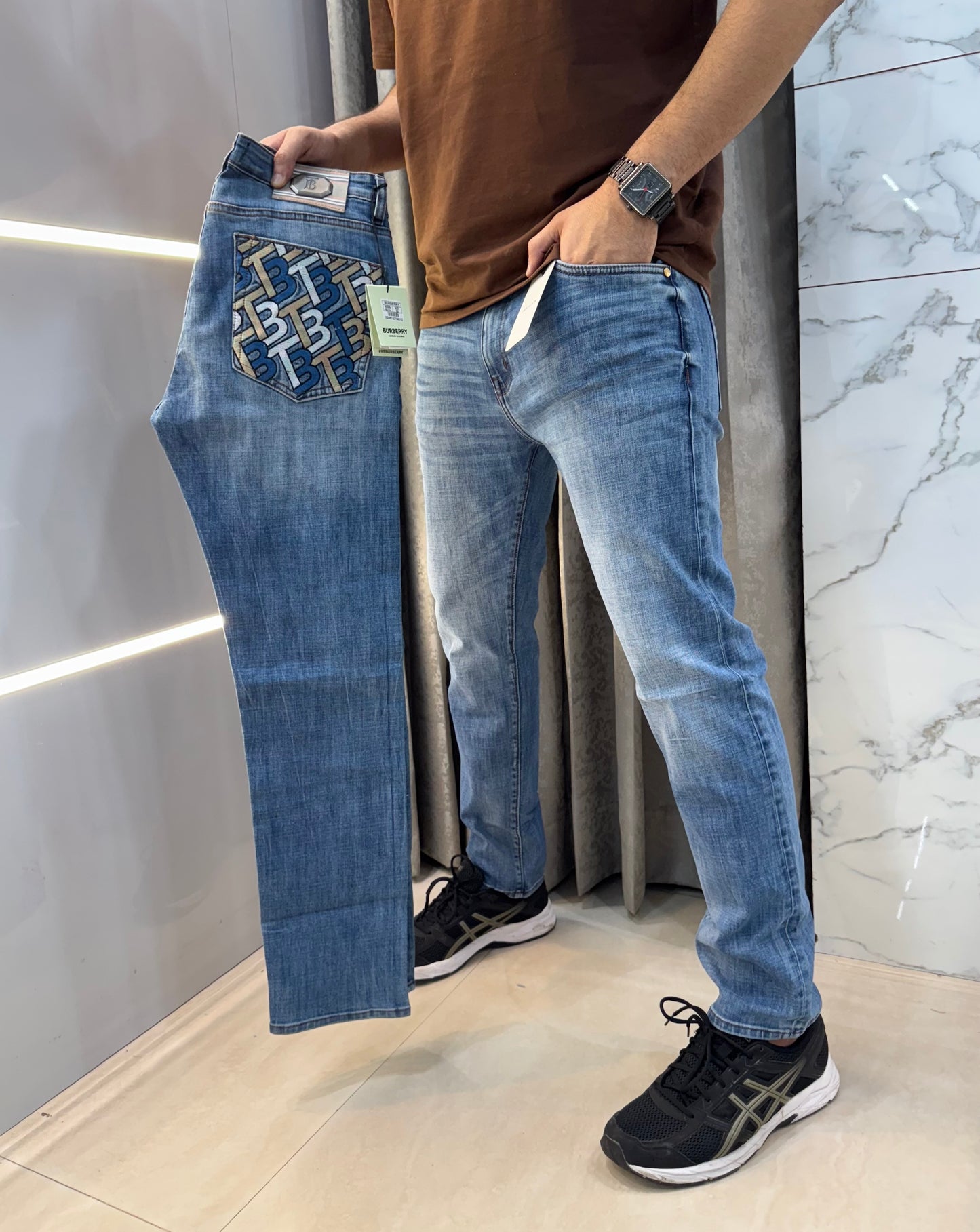 Burberry Sky Blue Pocket Embroidery Work Imported Hyperflex Denim