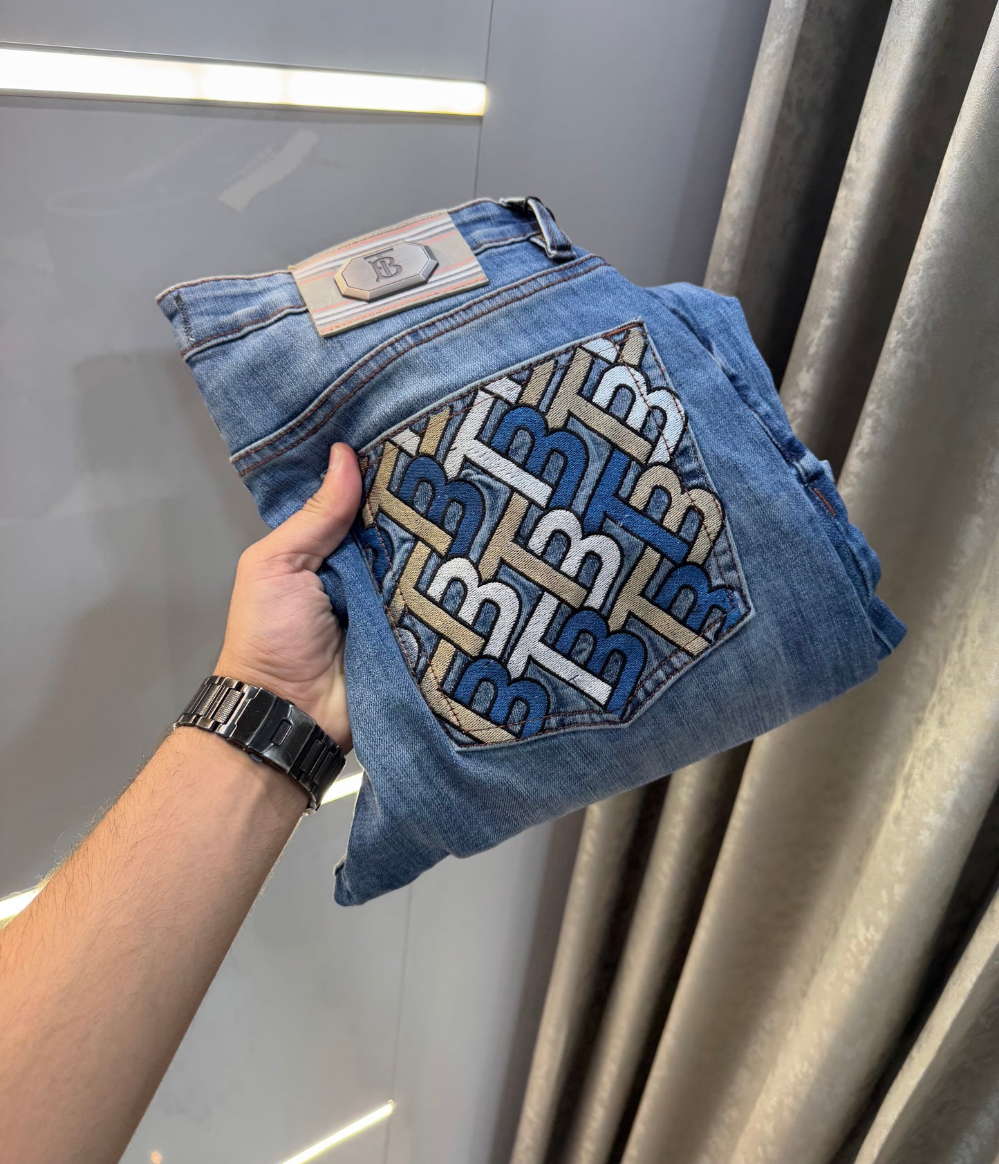 Burberry Sky Blue Pocket Embroidery Work Imported Hyperflex Denim