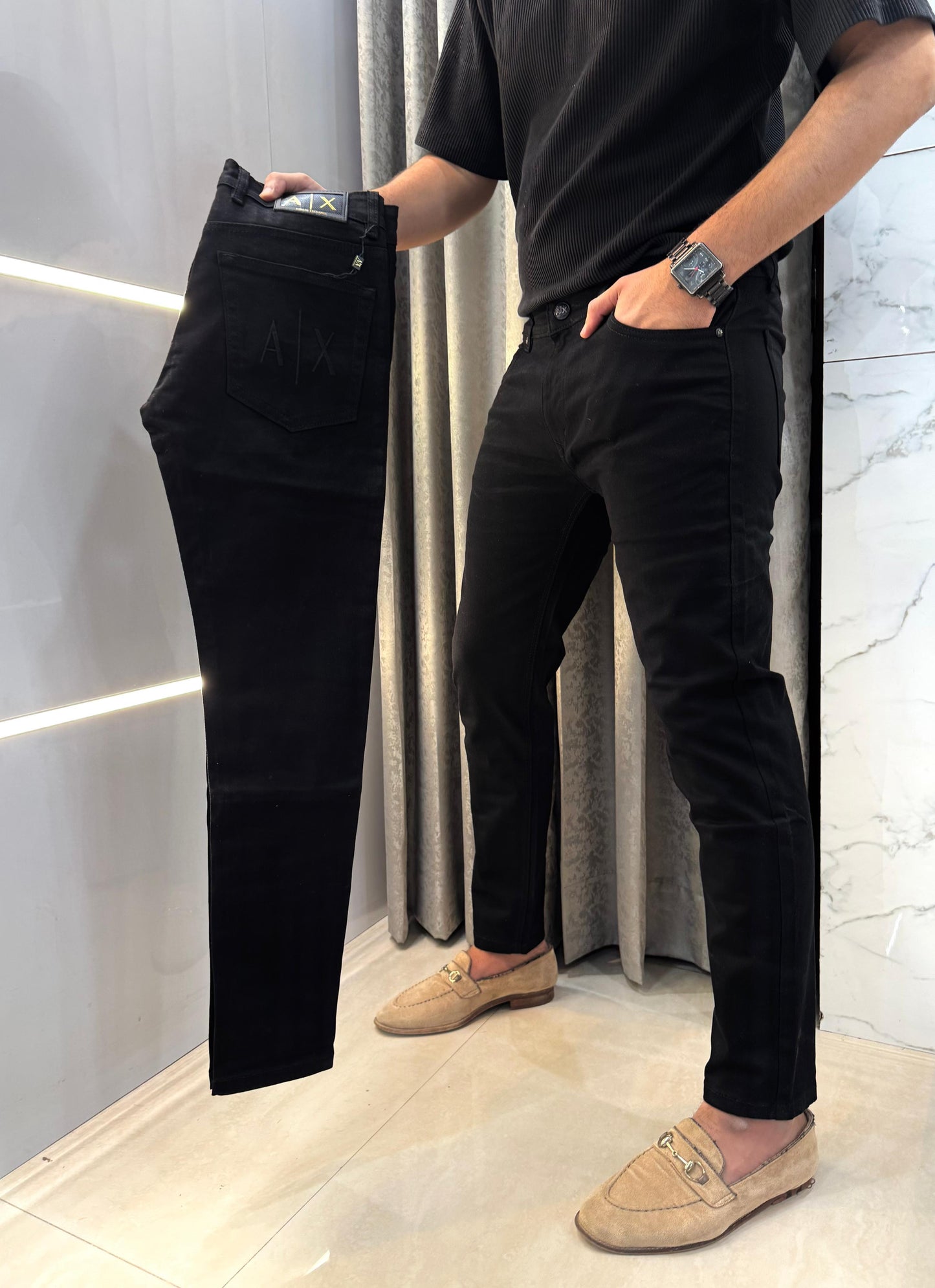 Armani Exchange Jet Black Embroidery Work Imported Hyperflex Denim