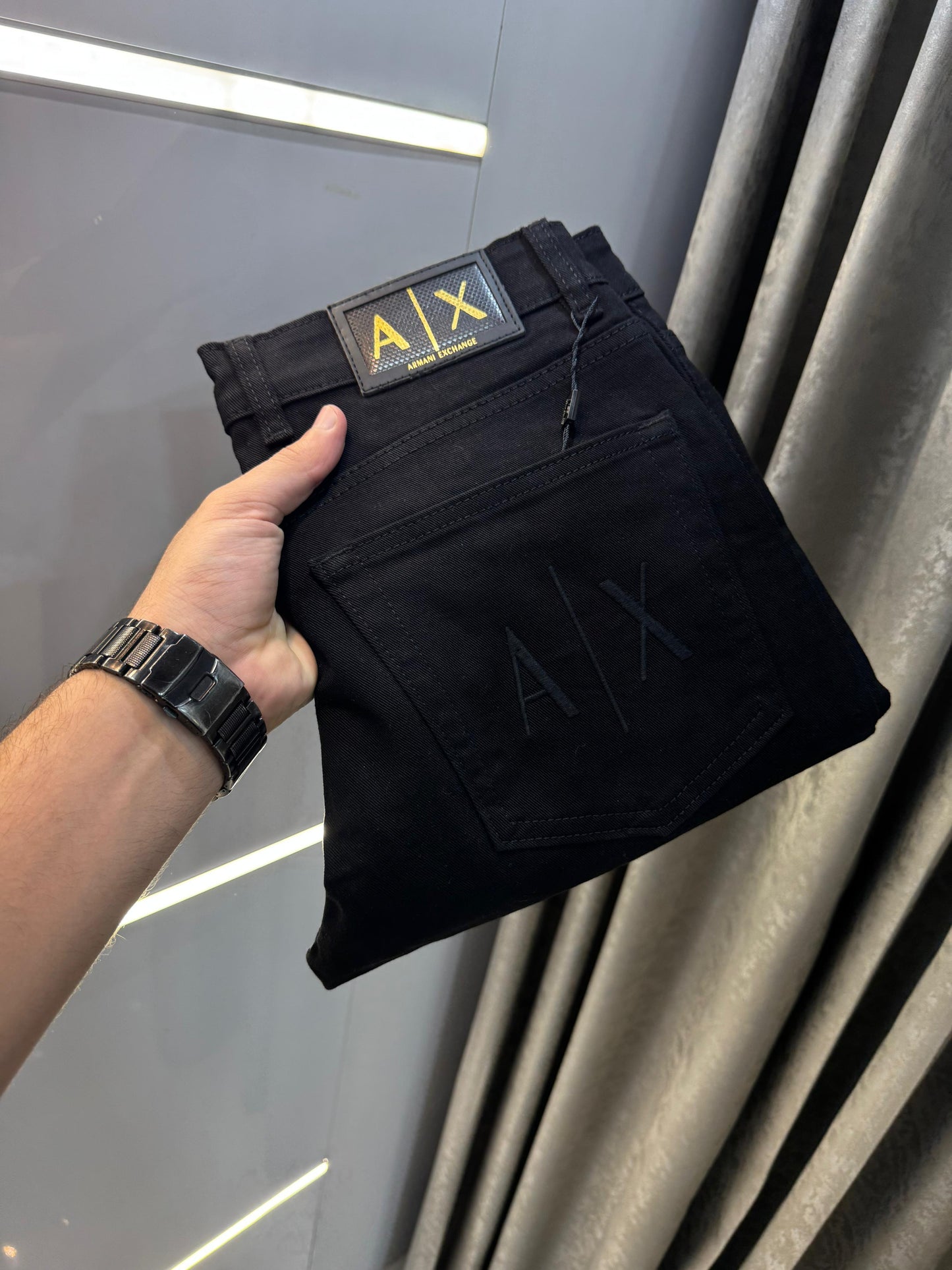 Armani Exchange Jet Black Embroidery Work Imported Hyperflex Denim